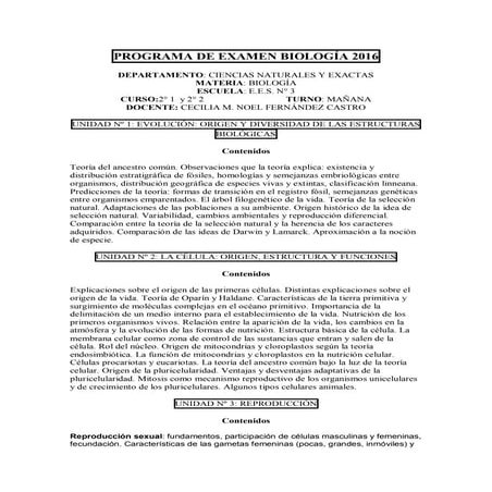 2° 1 y 2° 2 Biología Programa de examen  EES 3 2016