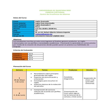 Programa de inglés avanzado verano 2012