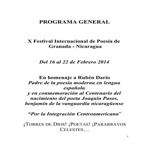 Programa delx festival con las lecturas, al 2 de enero 2014