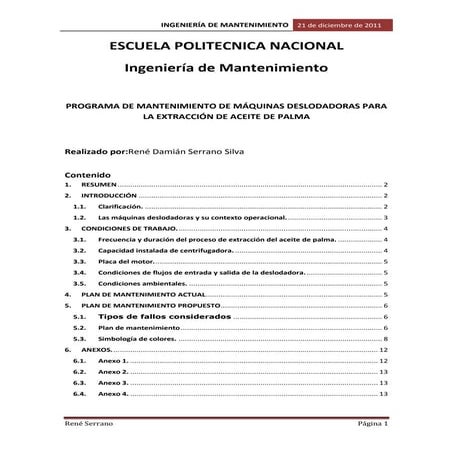 Programa de mantenimiento de máquinas deslodadoras para la extracción de acei...