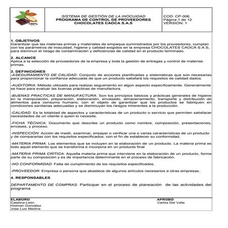 Programa de programa de control de proveedores y materias primas  caoca   583802