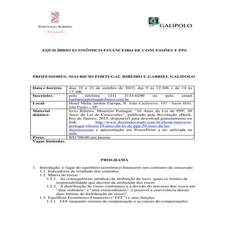 Programa do curso equilíbrio econômico-financeiro de concessoes e PPPs
