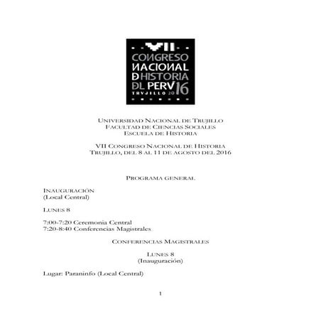 Programa general del VII Congreso Nacional de Historia 2016 | PDF