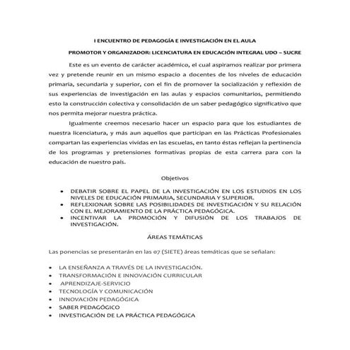 PROGRAMA I ENCUENTRO DE PEDAGOGÍA E INVESTIGACIÓN EN EL AULA