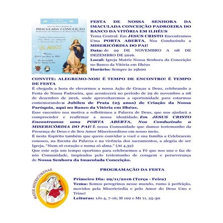 Programa o da festa de nossa senhora da imaculada concei o padroeira do ...