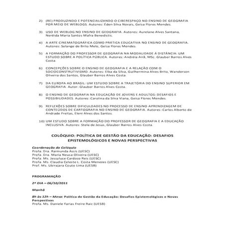 Programação dos Colóquio Política de Gestão da Educação