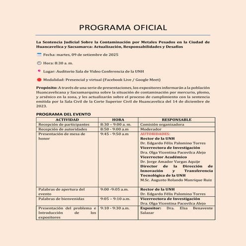 PROGRAMA OFICIAL  9 SEPTIEMBRE. La Sentencia Judicial Sobre la Contaminación ...