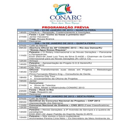Programação Prévia - CONARC 2013 - 3ª versão | PDF
