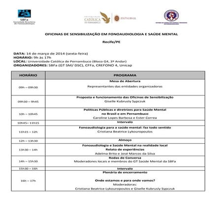 Programação Oficina Saúde Mental