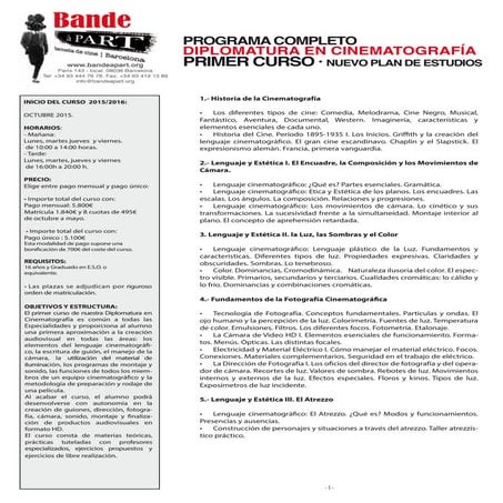 Programa  Primer curso Diplomatura en Cinematografía  2016/2017