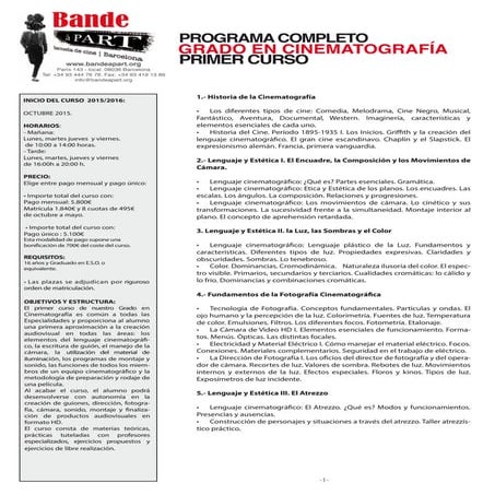 Programa Primer curso. Grado en Cinematografía 2016/2017