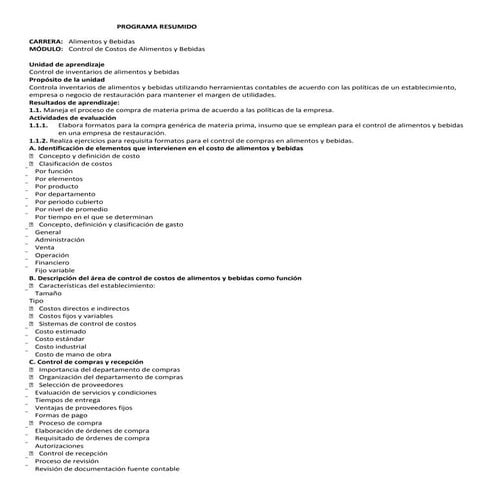 Programa resumido control de costos de a y b