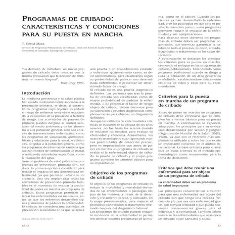 Programas de cribado caracteristicas y condiciones para su puesta en marcha