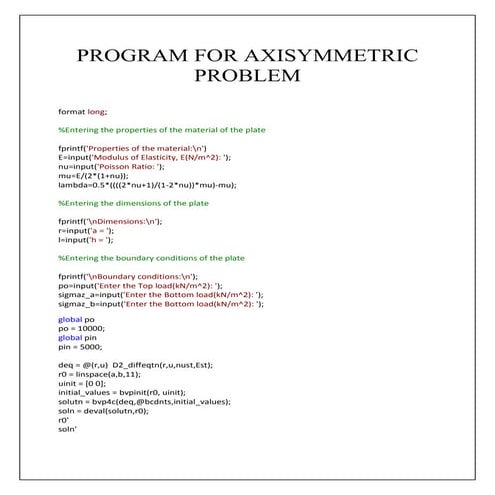 Program for axisymmetric problem  matlab