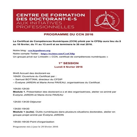 Programme 2016 du Certificat de compétences numériques