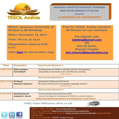 TESOL Arabia Sharjah Chapter/TTDSIG event November 16 - PROGRAMME