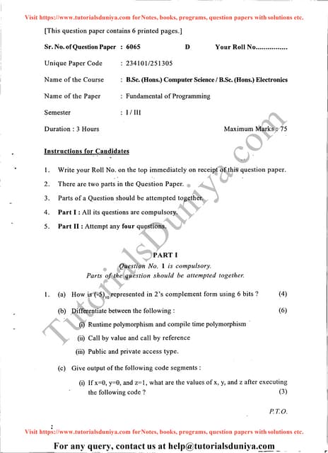 Programming fundamentals using c++  question paper 2014   tutorialsduniya