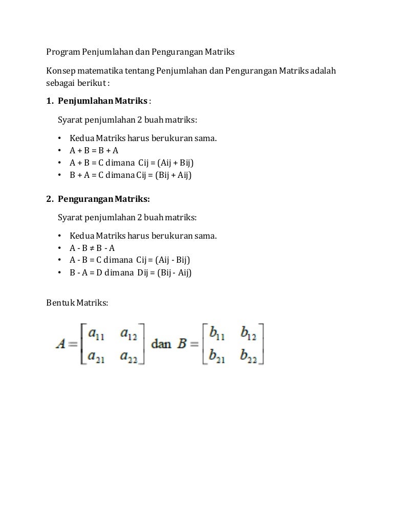Program Penjumlahan Dan Pengurangan Matriks