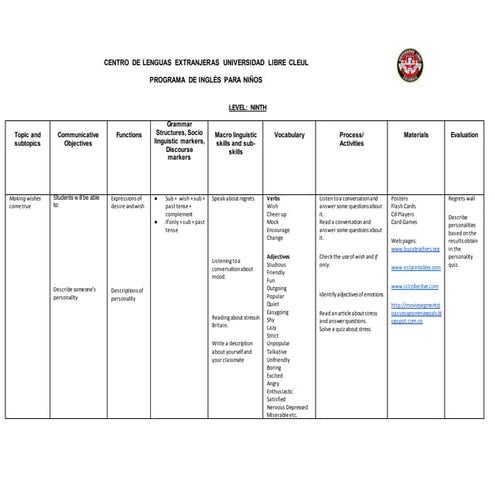 English Program unilibre Ninth Level