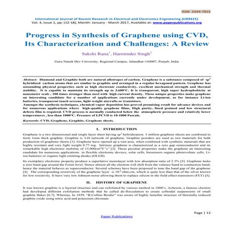 Progress in Synthesis of Graphene using CVD, Its Characterization and Challen...