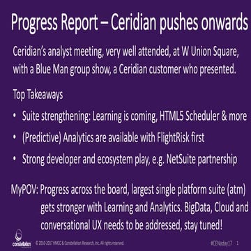Progress Report - Ceridian pushes onwards across the board