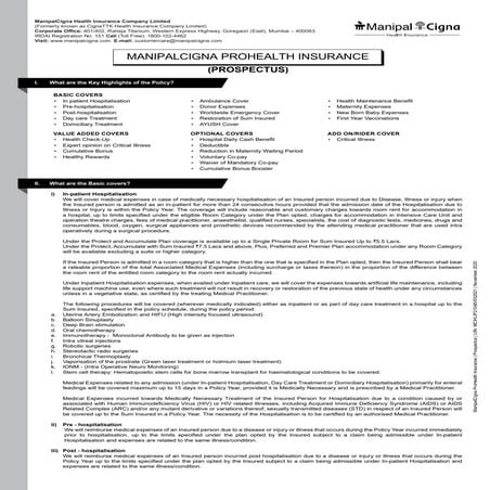 Checkout the ManipalCigna ProHealth Insurance Prospectus