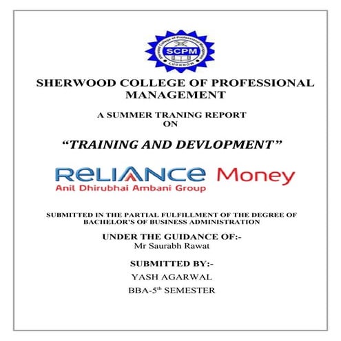 Projec report on  training and development project from reliance money