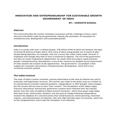 REPORT ON INNOVATION AND ENTREPRENEURSHIP FOR SUSTAINABLE GROWTH GOVERNMENT OF INDIA