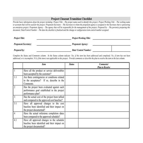 Project closeout transition checklist