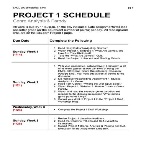 ENGL 309 Project 1 Assignment Sheet: Genre Analysis and Parody | DOCX