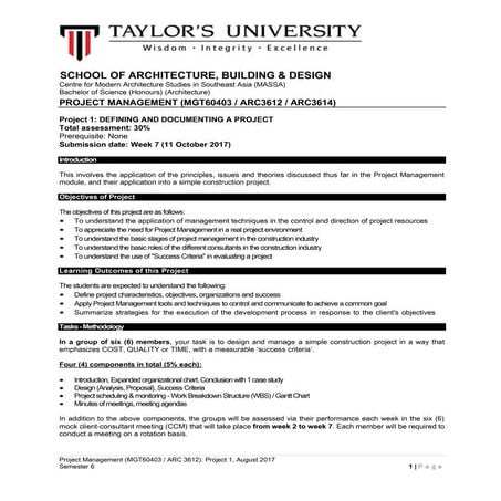 SEM 6 : PROJECT MANAGEMENT  PROJECT 1 BRIEF
