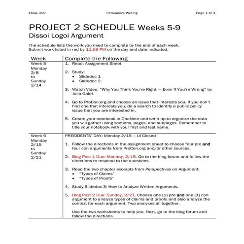 Project 2 schedule