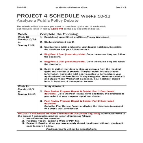 ENGL 202 FA19 Project 4 Schedule