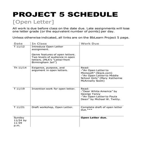 ENGL 309 FA19 F2F Project 5 Schedule