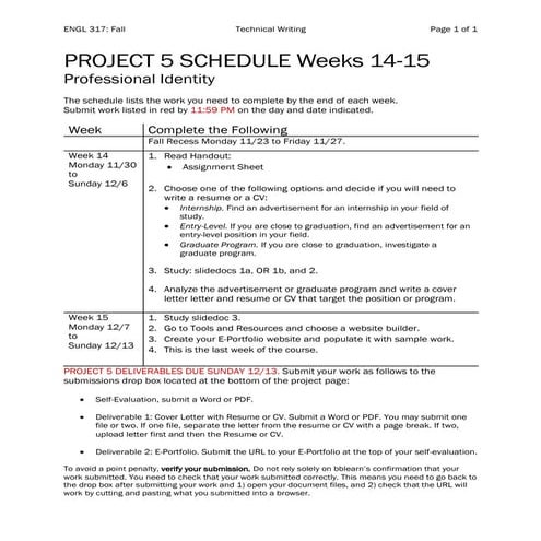 Project 5 Schedule