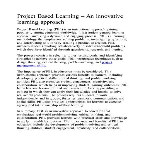 Project Based Learning – An innovative learning approach | PDF