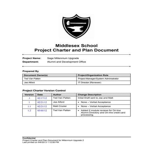 Project charter and plan document for millennium upgrade