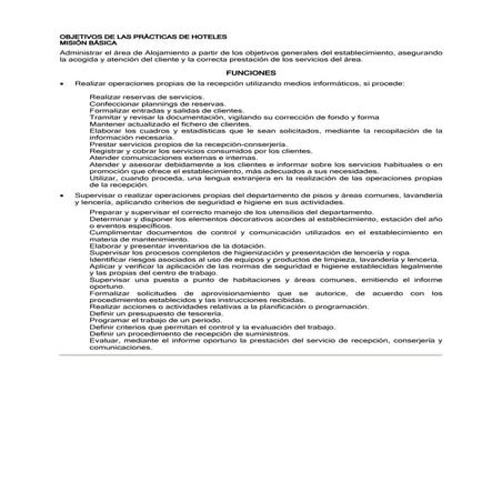 Objetivos de las prácticas de Hoteles rescatado por Luis Fernando Heras Portillo