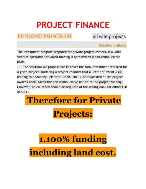 PROJECT FINANCE : Private Projects