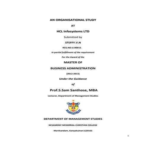 organisation study on HCL Infosystems 
