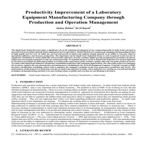 Productivity Improvement of a Laboratory Equipment Manufacturing Company thro...