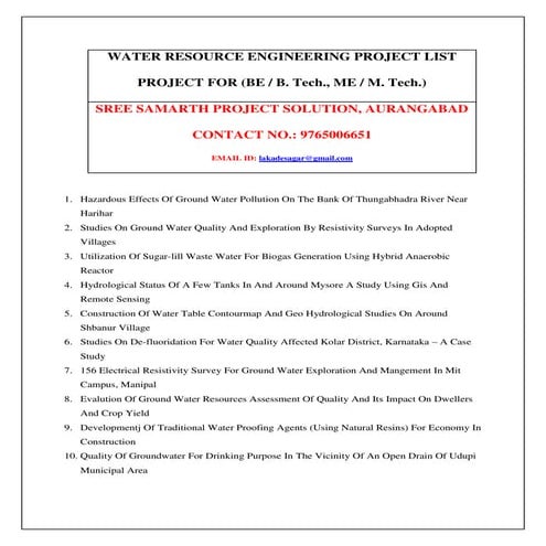 Project list water resource engineering