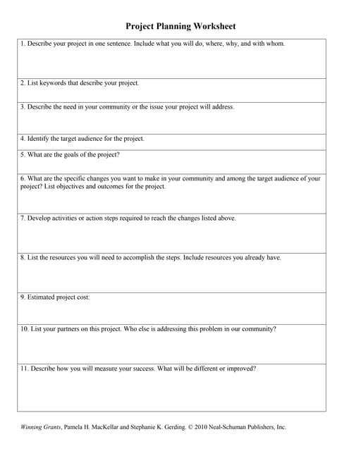 winning grants project planning worksheet
