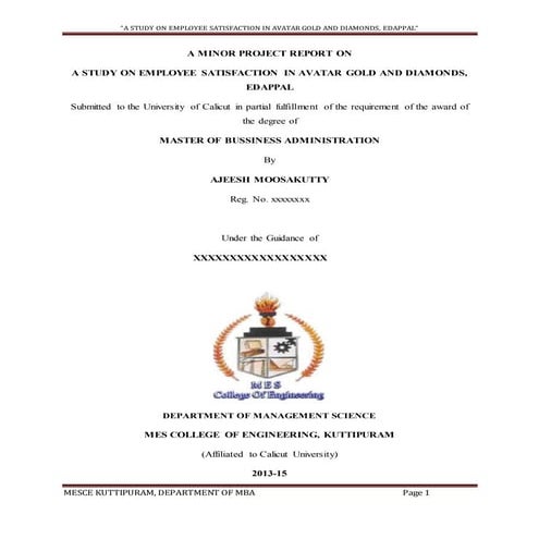 PROJECT REPORT ON EMPLOYEE SATISFACTION (sample)