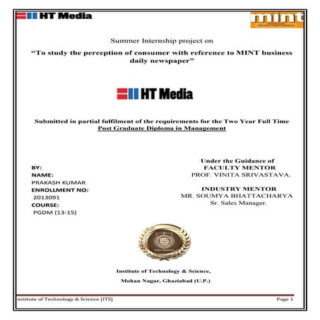 Project report on HT Media Ltd. (MINT)