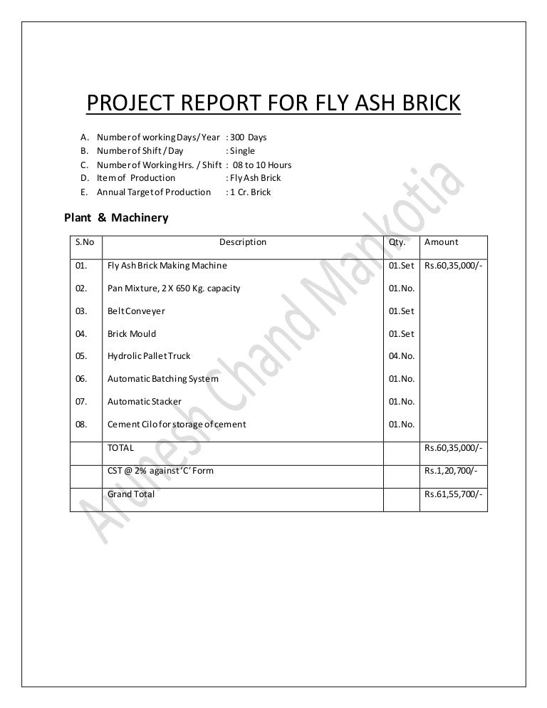 Project Report For Fly Ash Brick Single Unit