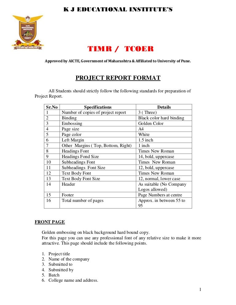 front page format for project report