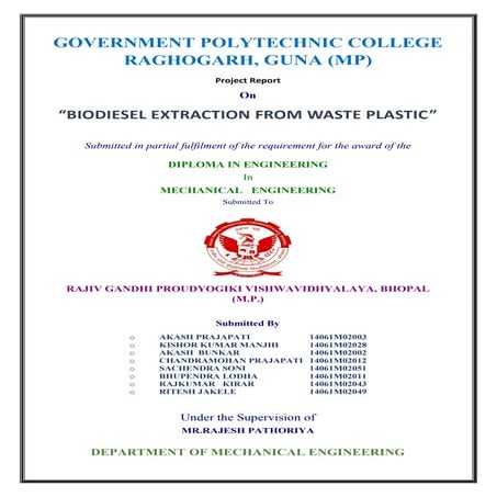 Project report of (biodiesel extraction from waste plastic)