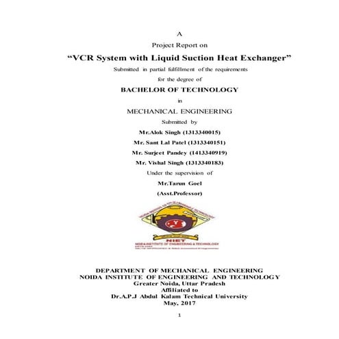 Project report on vcr system with liquid suction heat exchanger