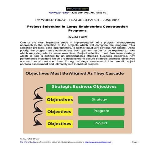 Project Selection in Large Engineering and Construction Programs